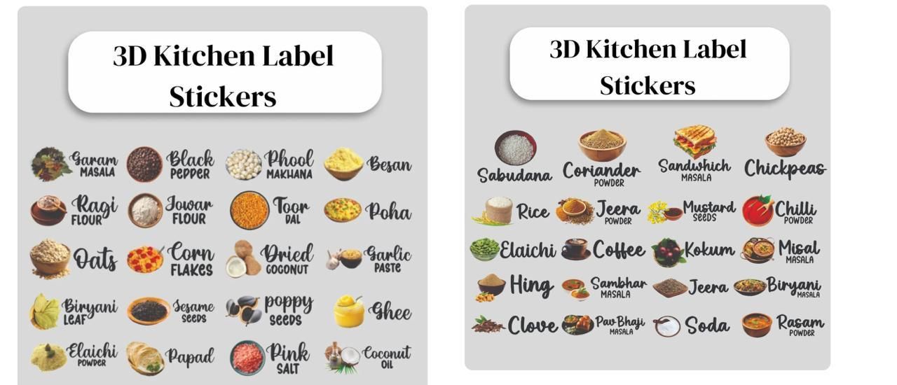 3D Waterproof Kitchen Spice Jar Label Stickers (Pack of 1 - 60 Stickers) - RASOI GADGETS
